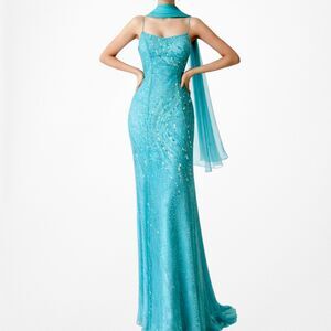 Vintage Y2K Blue Beaded Sequin Fitted Formal Maxi Prom Dress W/ Shawl Size M